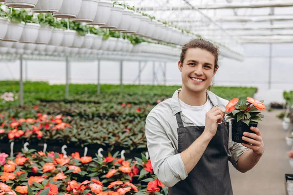 Young smiling man florist holding flowerpot and working in the greenhouse. Garden centre