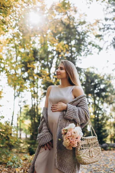 Mujer Embarazada Posando Parque Caminando Por Parque Maquillaje Profesional Embarazo —  Fotos de Stock