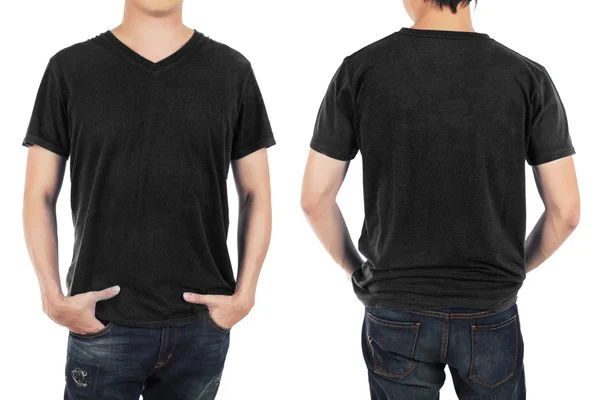 Primo piano dell'uomo davanti e dietro camicia nera su sfondo bianco — Foto Stock