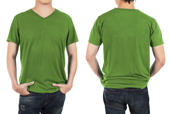 Az ember előtt és a fehér háttér mintázata vissza zöld póló közelről — Stock Fotó