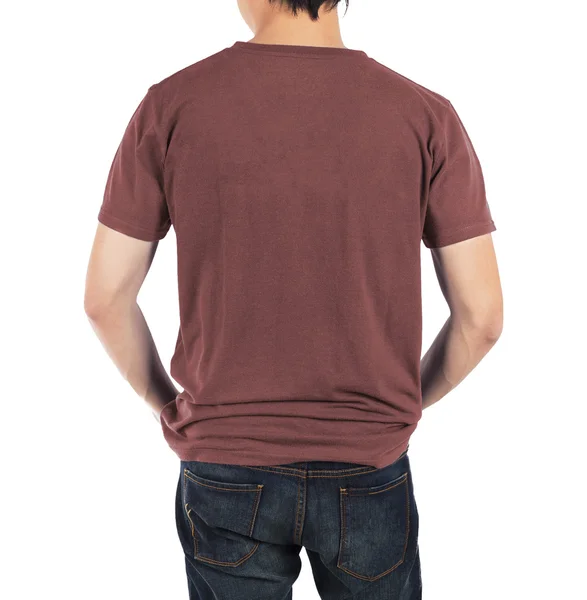 Ember, hátul piros barna ing, fehér háttér közelről. — Stock Fotó