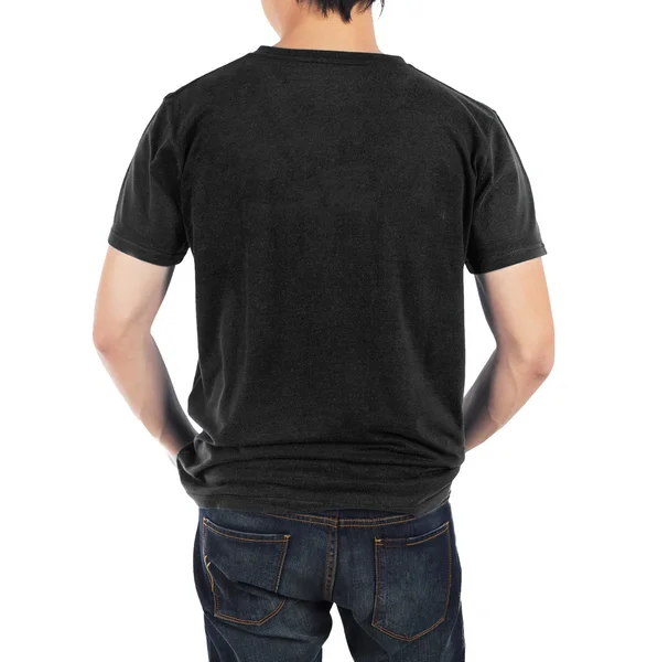 Close up van de man aan de achterkant zwart shirt op witte achtergrond. — Stockfoto