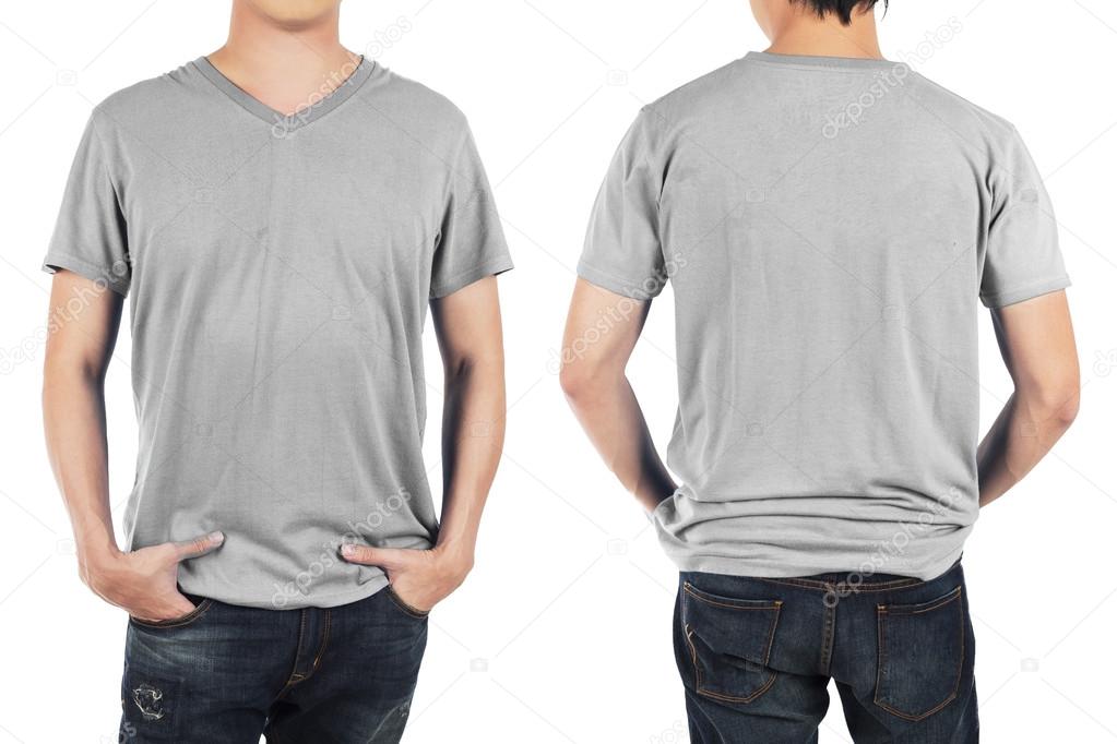 Close up of man in front and back light grey shirt on white back Stock ...