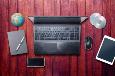 Ofis Resepsiyon eski ahşap grunge masaya Üstten Görünüm.