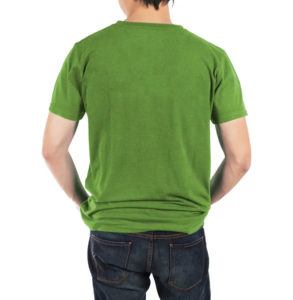 Close up of man in back green shirt on white background. — Stock Photo, Image