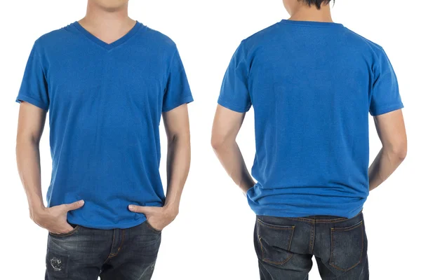 Aproape de om în față și spate cămașă albastră pe fundal alb — Fotografie, imagine de stoc