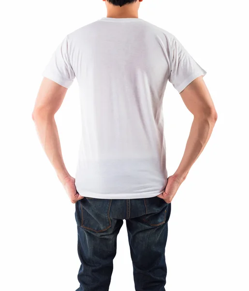 Young man with blank white shirt isolated white background, on b — Stock Photo, Image