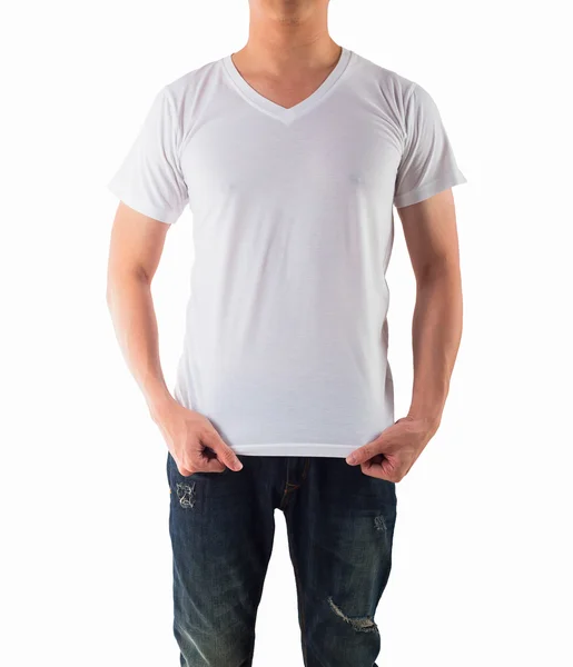 Giovane uomo con camicia bianca bianca isolato sfondo bianco, su f — Foto Stock