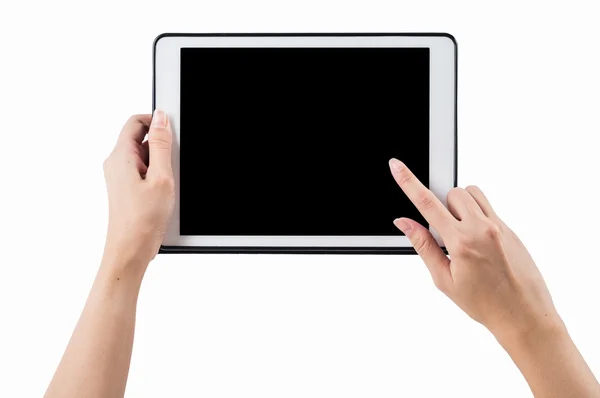 Χέρια που κρατούν το tablet οριζόντια σε άσπρο φόντο. ψαλίδισμα pa — Φωτογραφία Αρχείου