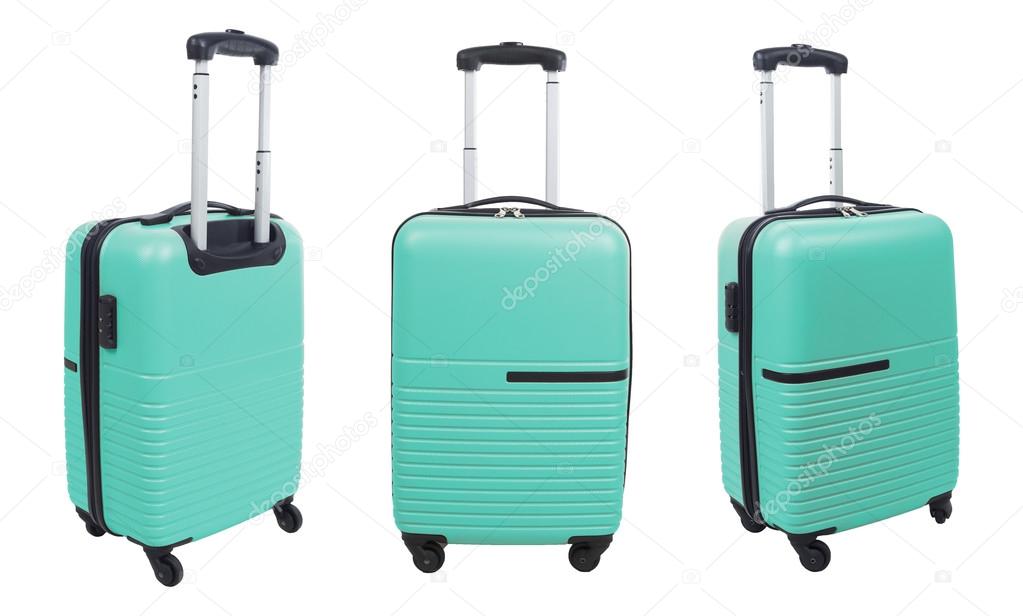 Set of light blue suitcase isolated on white background.