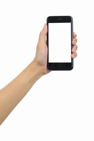 Mão segurando telefone inteligente isolado fundo branco, use recorte — Fotografia de Stock