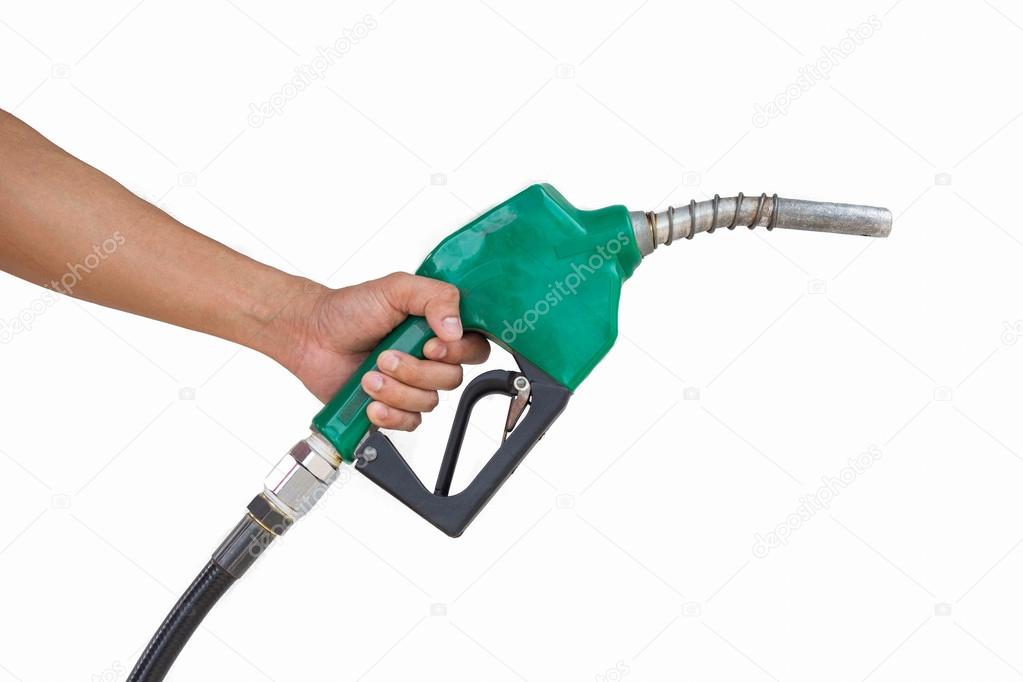 Man holding petrol pump isolated on white background.