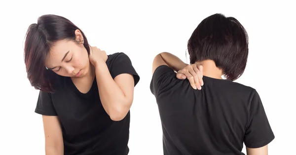 Junge Frau Schmerzen im Nacken isoliert weißen Hintergrund. — Stockfoto