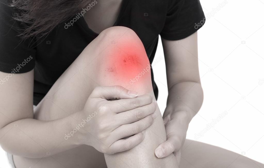 Woman with knee feeling pain on white background