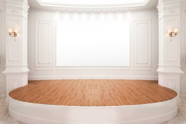 Ahşap zemin ve beyaz tahta ile konser salonu aşaması.
