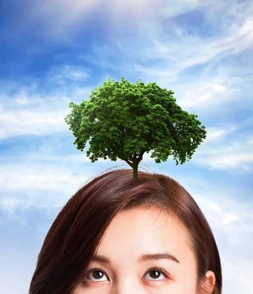 Жінка думає про дерево росту на голові . — стокове фото