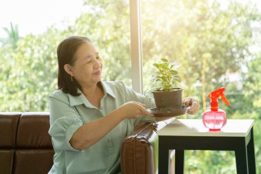 Yaşlı kadın emekli oluyor. Hobi yapıyor. Bahçe işleri ve su püskürtme bitkilerinde rahatlıyor..