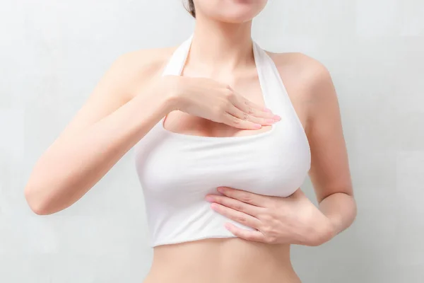 Woman Wearing White Tank Top Checking Her Breast Breast Cancer Royalty Free Stock Images