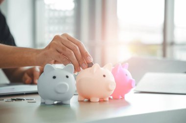 Para tasarrufu ve finansal konsept için domuzcuğa para koyan adamın elini kapat..