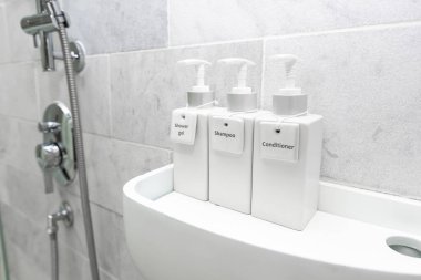 Banyo otel konforu, duş jeli, şampuan, ve ahşap rafta etiketleri olan lüks seramik konteynerinde saç kremi..