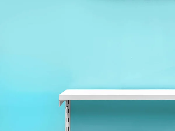 Empty white shop shelf, retail shelf on blue sky pastel background.