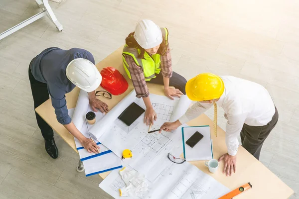 Team Engineers Architects Working Planing Measuring Layout Building Blueprints Construction Stock Picture