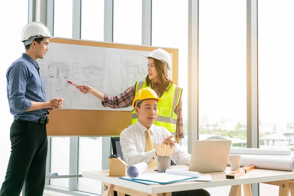 Group Young Engineers Waving While Having Online Meeting Laptop Office Royalty Free Stock Images