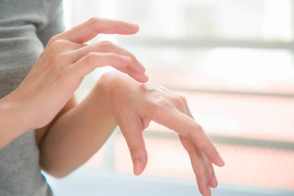 Close Hands Woman Applying Hand Cream Home — Stock Photo, Image