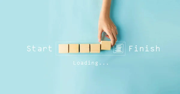 Hand Woman Putting Wood Cube Countdown Finish Loading Year Start — Stock Photo, Image