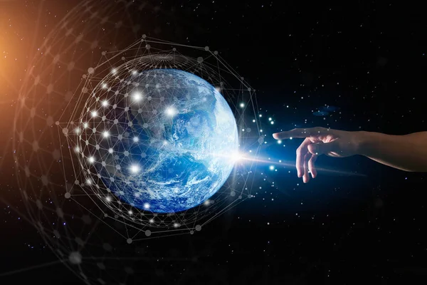 Human hand touching with global connection concept. Elements of this image furnished by NASA
