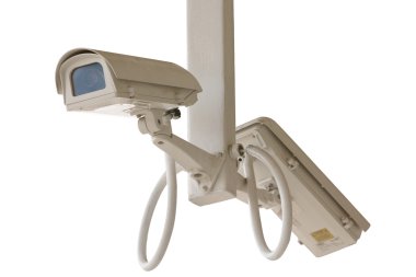 Mavi gökyüzü arka plan üzerinde izole güvenlik standart yan kamera.