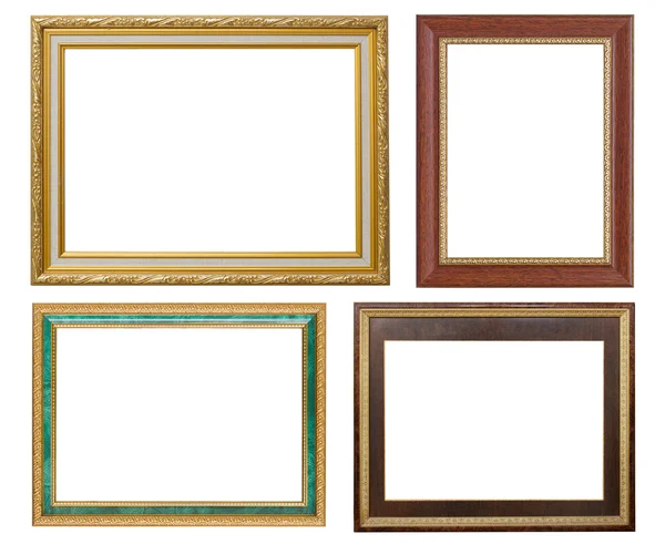 Set van gouden frame en hout vintage geïsoleerd op een witte pagina — Stockfoto