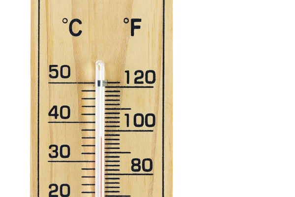 Termometr drewniany zbliżenie skali na białym tle. — Zdjęcie stockowe