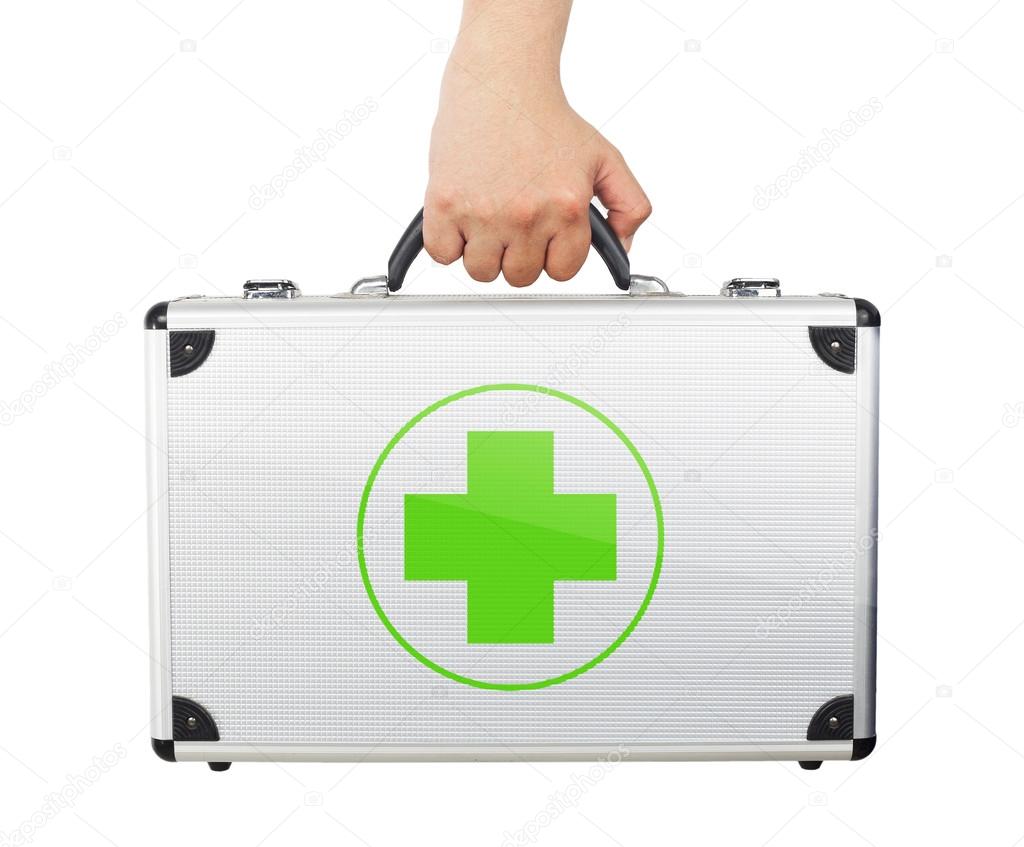 Male hand holding equipments luggage first aid isolated white ba