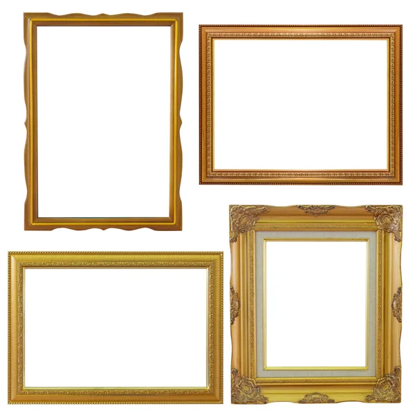 Set van gouden frame en hout vintage geïsoleerd op een witte pagina — Stockfoto