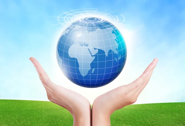 Female hands save environment keep in the world blue planet. — Stock Photo, Image