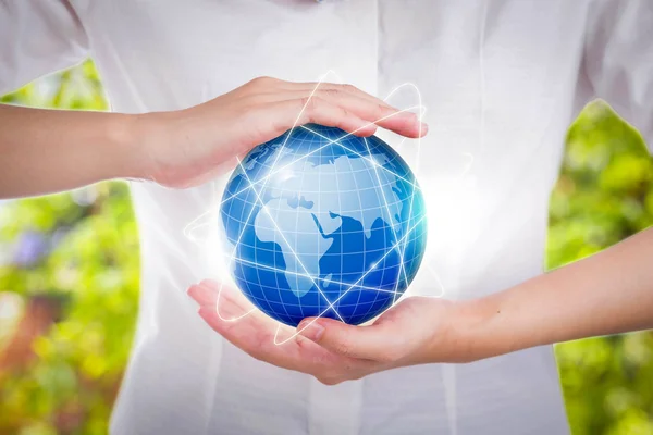 Female hands save environment keep in the world blue planet. — Stock Photo, Image