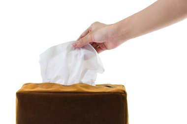 Female hand cauching tissue isolated white background.
