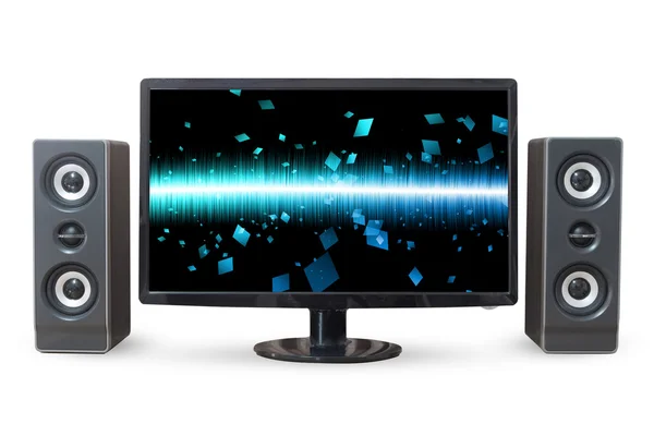 Monitor Pc krajiny a zvuk subwoofer izolovaných na bílém poz — Stock fotografie