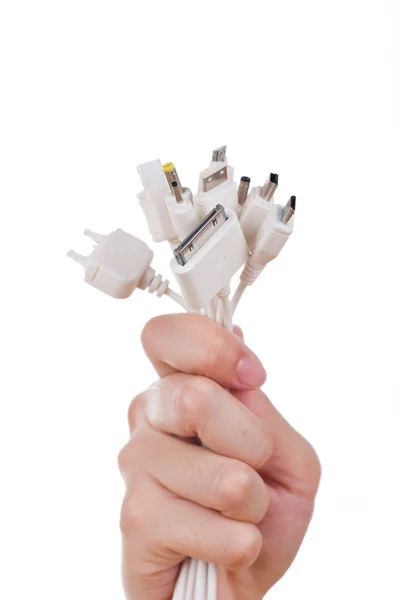 Female hand holding USB port tools charger isolated white backgr — Stockfoto