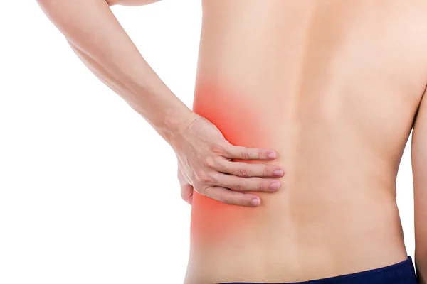 Close up male back pain isolated white background. — Stok fotoğraf