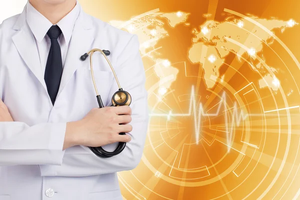 Doctor man posting and holding stethoscope on global network gol