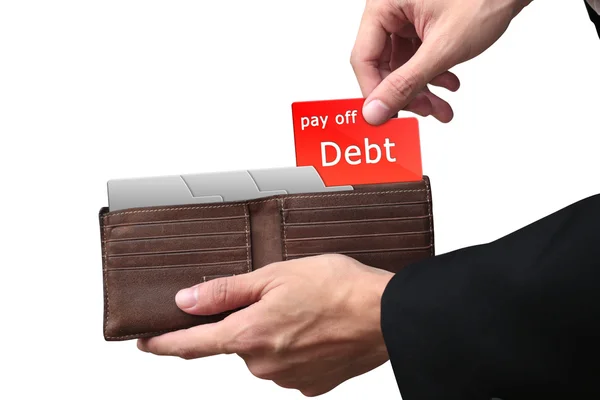 Businessman hands pulling red folder pay off DEBT concept on bro — Stock Photo, Image