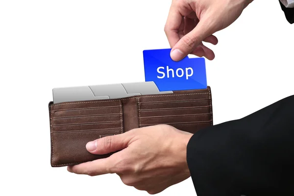 Businessman hands pulling folder Shop concept on brown wallet. — Stock Photo, Image