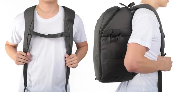 Jovem de pé com equipamentos de mochila de viagem isolado whit — Fotografia de Stock