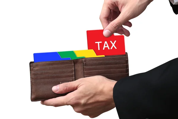 Businessman hands pulling folder Tax concept on brown wallet. — Stockfoto