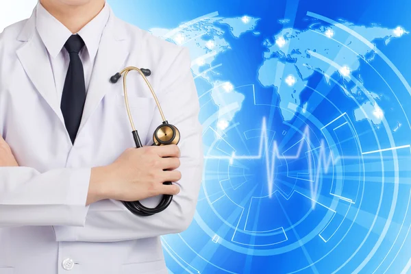 Doctor man posting and holding stethoscope on global network bac Stock Image