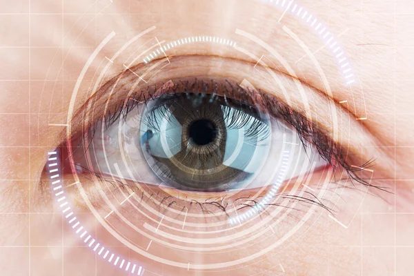 Close-up eye the future cataract protection , scan, contact lens Stock Photo