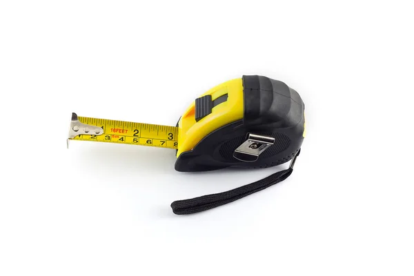 Yellow tape measure or steel tape isolated white background. Stockbild