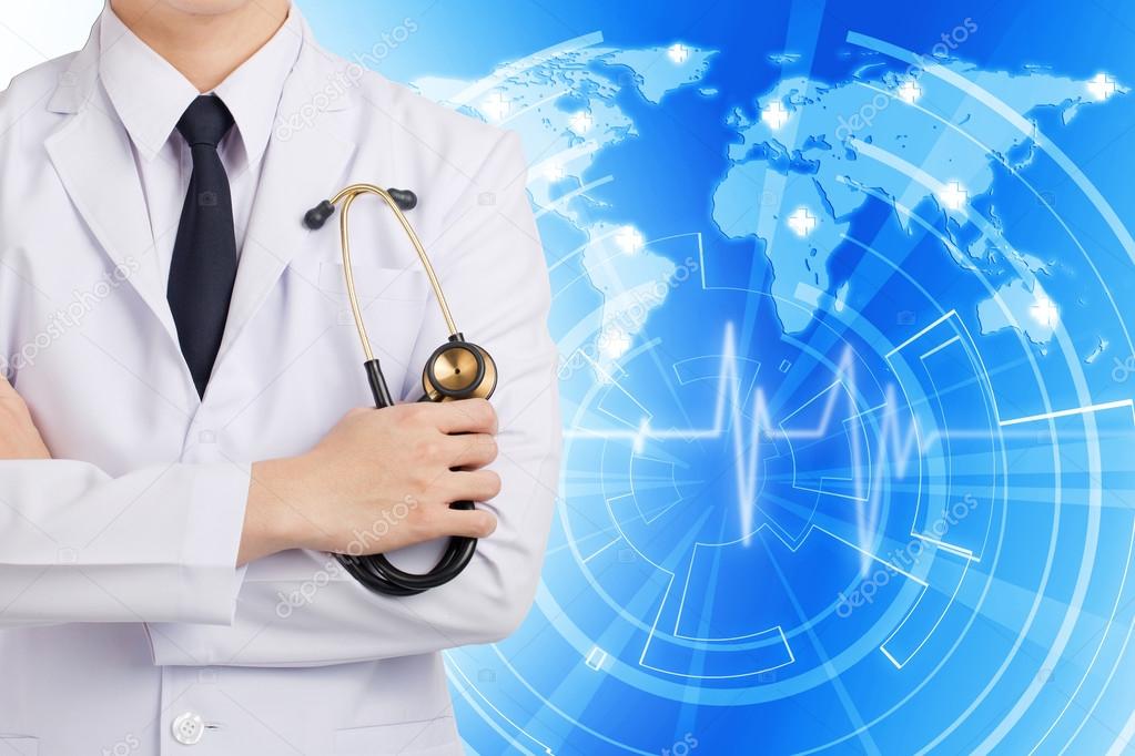 Doctor man posting and holding stethoscope on global network bac